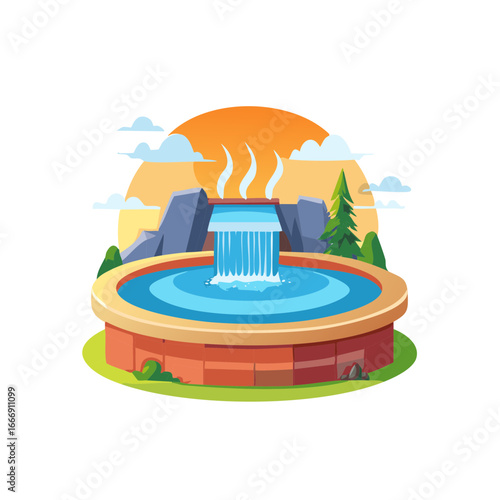 Hot spring water cascading into a circular pool with mountain scenery and vapor trails