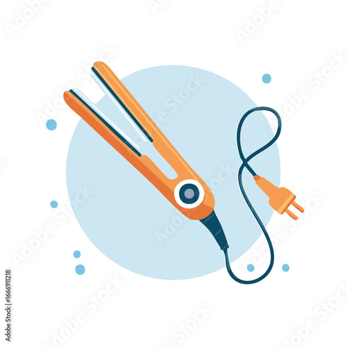 Vibrant Orange Hair Straightener with Black Cord Posing Against a Light Blue Circular Backdrop for a Stylized Haircare Concept