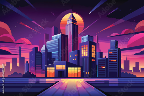 A stylized illustration of a futuristic cityscape at twilight.