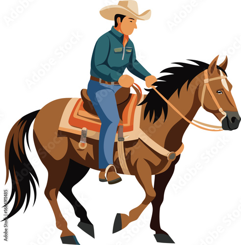 A vibrant, flat-style illustration depicts a cowboy riding a horse across a desert landscape at sunset.