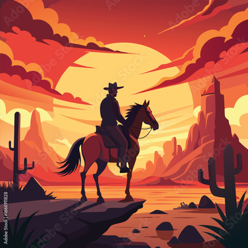 A vibrant flat-style illustration depicts a cowboy in a classic pose, astride a spirited brown horse.