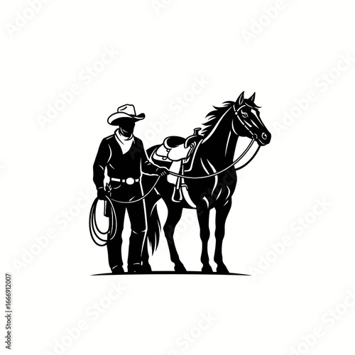 Classic Western Logo: A Cowboy and Horse Silhouette, Symbolizing the Spirit of the Wild West, Freedom, and Adventure.