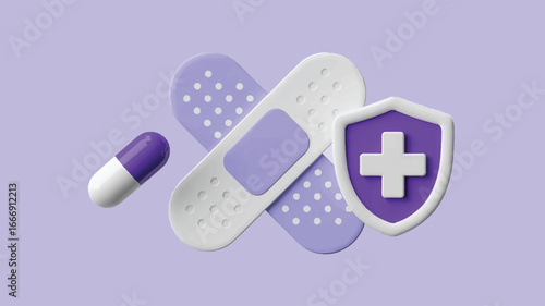 3d medical icon set with pill, bandages, and health shield isolated on soft background, healthcare and protection concept for ui ux design