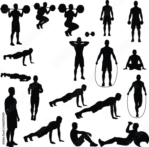 Male workout silhouettes, fitness training vector, strength exercise poses, weightlifting, push-ups, jump rope, gym workout routine illustration