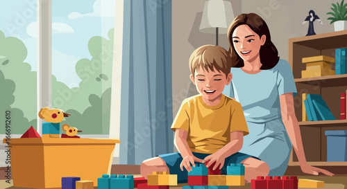 Child and mother playing with colorful building blocks in bright home interior scene 