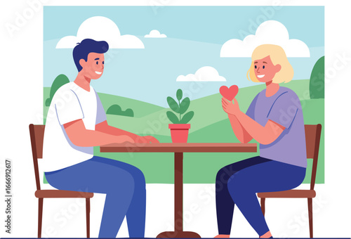 Couple enjoying romantic date sitting at table with plant and heart symbol vector illustration 