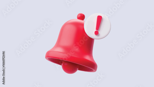 3d red notification bell icon with alert exclamation mark isolated on light background, reminder symbol for ui ux app interface design