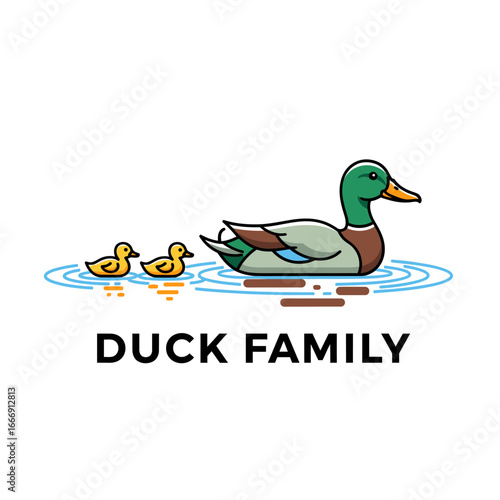 Charming Illustration of Mother Duck with Two Ducklings Swimming Peacefully in a Pond for Nature and Wildlife Concept