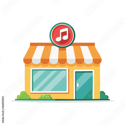 Colorful Music Storefront with Striped Awning and Music Note Sign