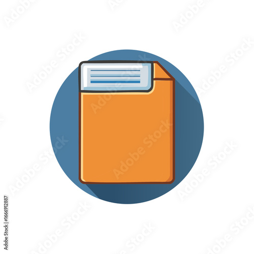 Orange document file with label in flat circle with shadow, archive organization graphic