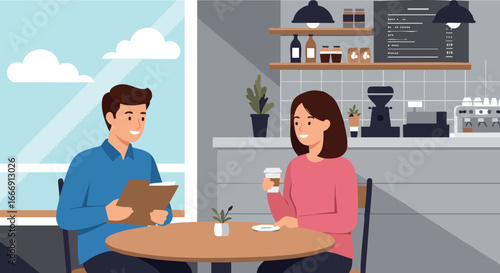 Couple enjoying coffee together in modern cafe interior natural light scene vector illustration 