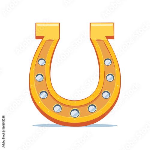 Golden horseshoe illustration with rivet detail, good luck charm, symbol of fortune, wealth, western theme, horse shoe icon