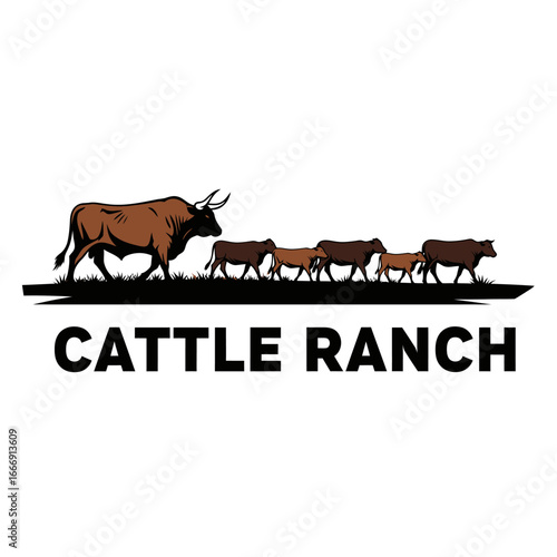 Logo Depicting a Bull Leading a Herd of Cows Across a Field Representing Cattle Ranching Livestock Agriculture Farm Emblem