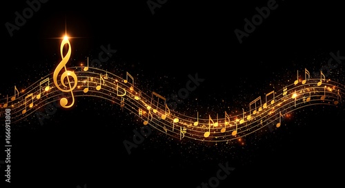 Golden musical notes and treble clef illuminated by sparkling lights against a dark background