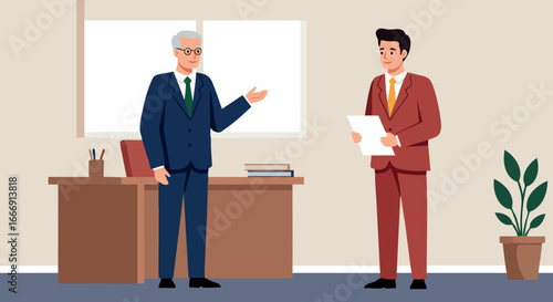 Businessmen discussing work in office with desk and plant vector illustration 