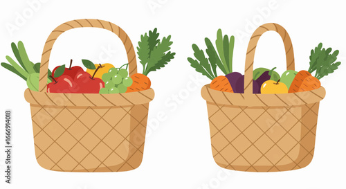 Wicker Basket Harvest Fruits and Vegetables Vector Illustration Collection