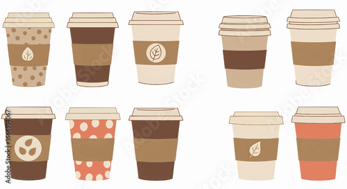 A diverse collection of illustrated takeaway coffee cups with lids, featuring unique patterns and eco icons