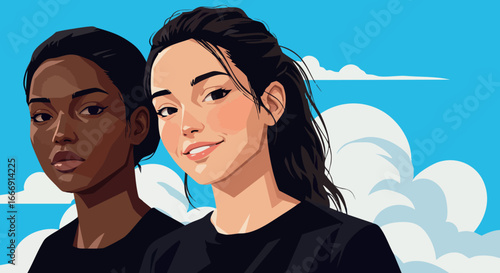 Diverse young women portrait illustration with blue sky and clouds background vector 