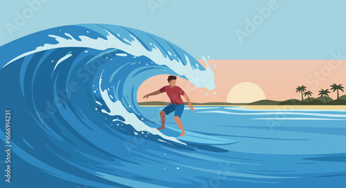 Surfer Riding Large Blue Wave at Sunset on Tropical Beach Vector Illustration 