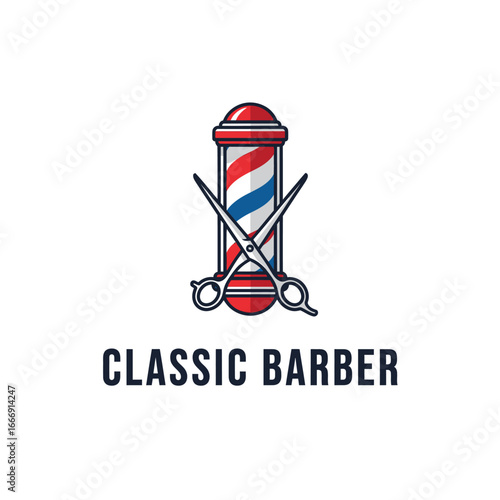 Barber Classic Shop Logo Featuring Barber Pole and Crossed Scissors