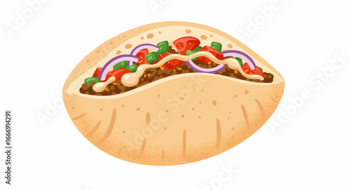 Delicious pita bread sandwich with fresh vegetables, hummus, and tasty ingredients for lunch