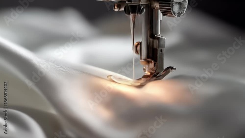 Close-up of a sewing machine needle piercing white fabric