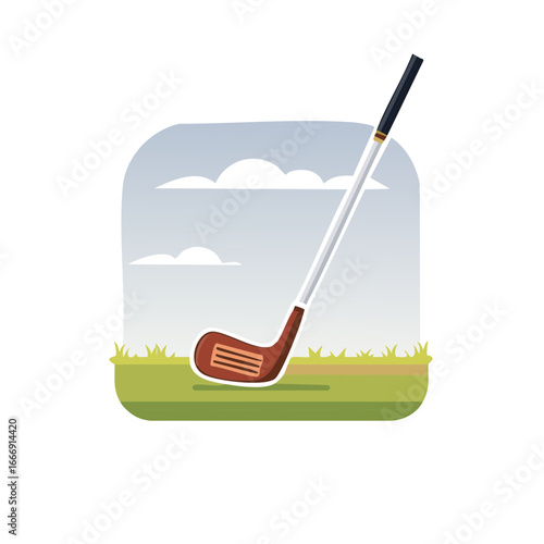 Golf Club Stands on Green Field Against Sky and Clouds for Game Day Illustration