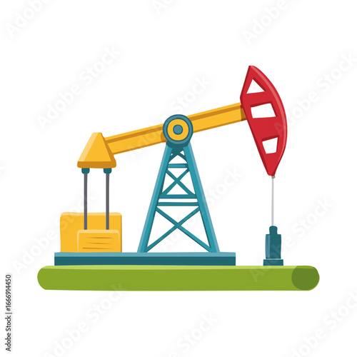 Bright Cartoon Style Oil Pump Jack Over Green Field Flat Illustration