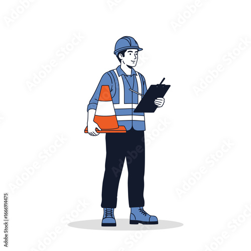 Worker in Uniform Holding Traffic Cone and Clipboard Construction Safety Logo Design