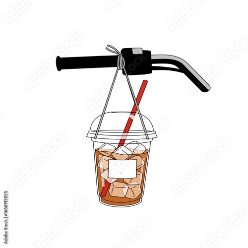 Motorcycle handlebar carrying a cold beverage with ice and straw, on a white background