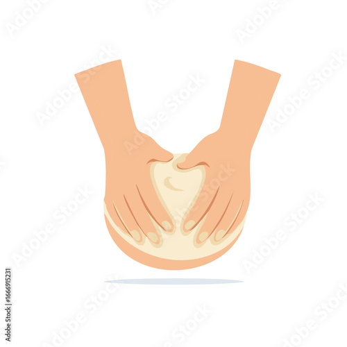 Human hands kneading dough ball for cooking or baking bread preparation