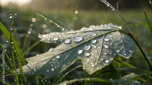 Close-Up of a Dewy Leaf with Visible Water Droplets and Soft Natural Light