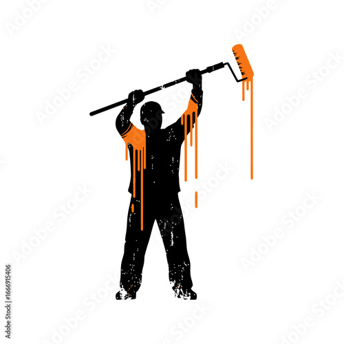 Silhouette of a painter with paint roller, dripping orange paint. Artistic, passionate, dedicated.