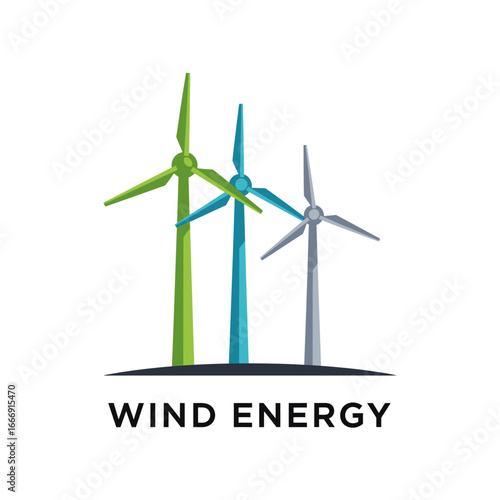 Three windmills symbolize clean energy generation.