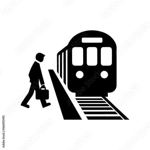 icon man approaches train, station, metro isolated symbol railway