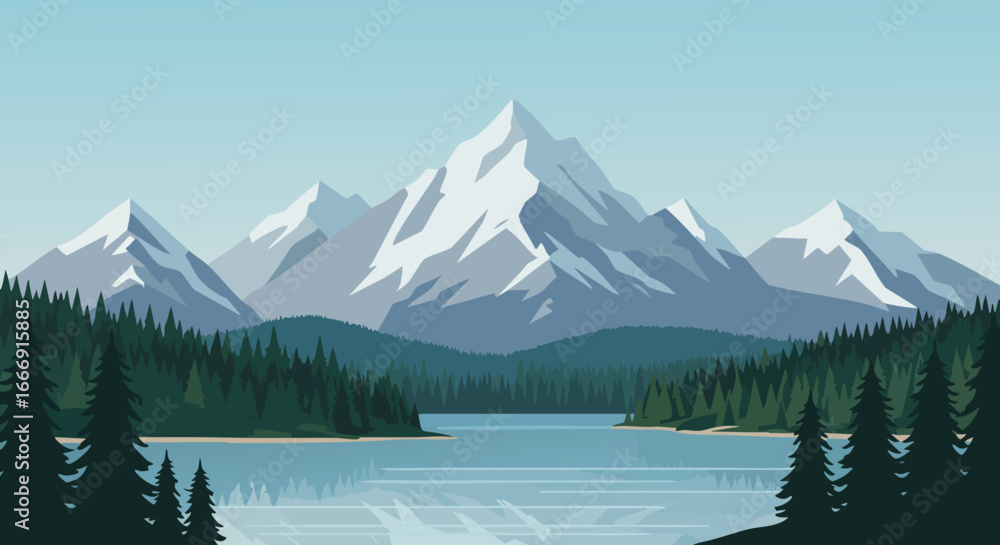 Snowy mountain landscape with pine forest and reflective lake vector illustration Snowy mountain landscape with pine forest and reflective lake vector illustration
