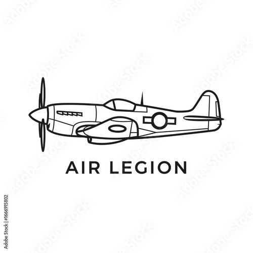 Line art illustration of a classic warbird airplane.  Air Legion.