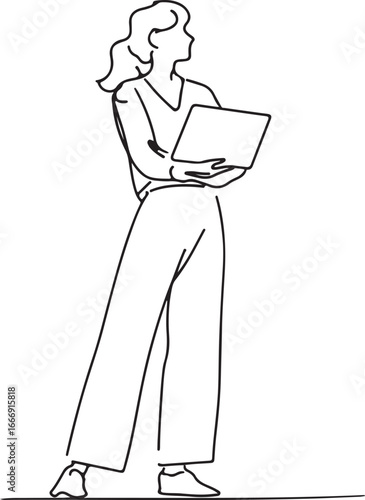 Woman holding device line art illustration digital technology vector silhouette