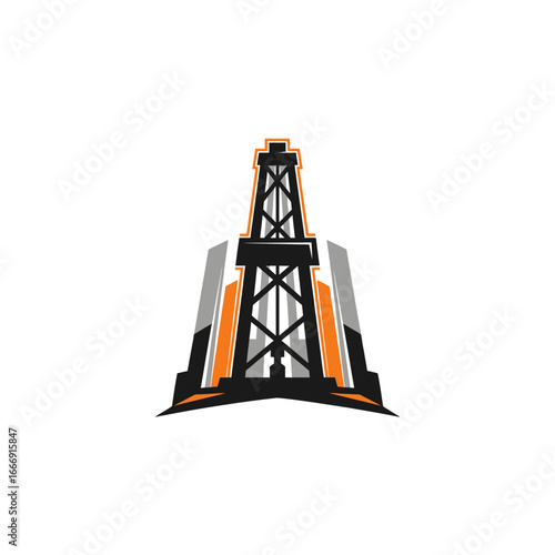 Modern oil derrick logo design, city backdrop