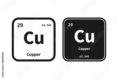 Copper, Cu, chemical periodic table element icon. The chemical element of the periodic table. Icon with molar mass and atomic number for lab, science or chemistry class.