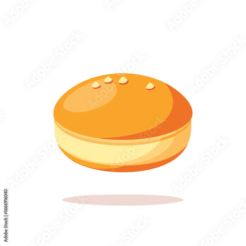 Delicious round donut with bright orange glaze and sweet yellow cream filling isolated on a white backdrop in vibrant cartoon style