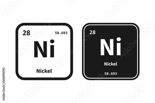 Nickel, Ni, chemical periodic table element icon. The chemical element of the periodic table. Icon with molar mass and atomic number for lab, science or chemistry class.