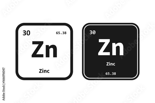 Zinc, Zn, chemical periodic table element icon. The chemical element of the periodic table. Icon with molar mass and atomic number for lab, science or chemistry class.