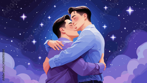 Loving gay couple sharing a kiss under a starry night sky with clouds