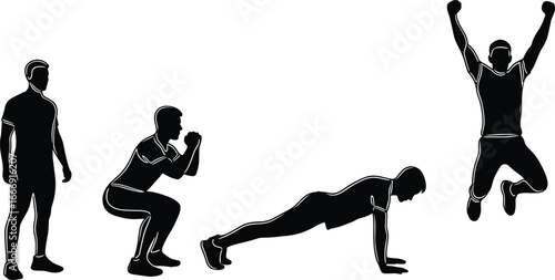 Men workout silhouette, push up, squat, standing, jumping exercise poses, male fitness training vector, gym movement illustration