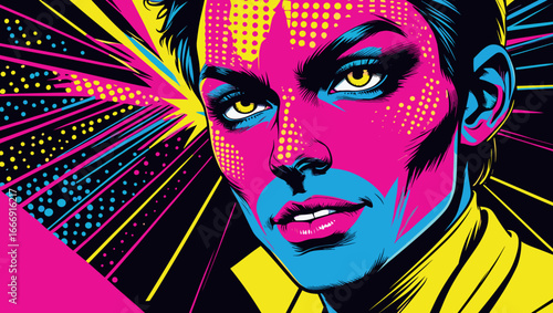 Vibrant pop art portrait of a woman with bright colors and geometric patterns 