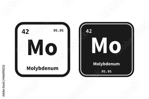 Molybdenum, Mo, chemical periodic table element icon. The chemical element of the periodic table. Icon with molar mass and atomic number for lab, science or chemistry class.