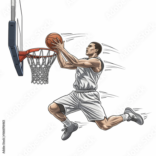 Realistic vector illustration of basketball player doing slam dunk