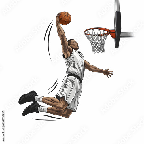 Realistic vector illustration of basketball player doing slam dunk