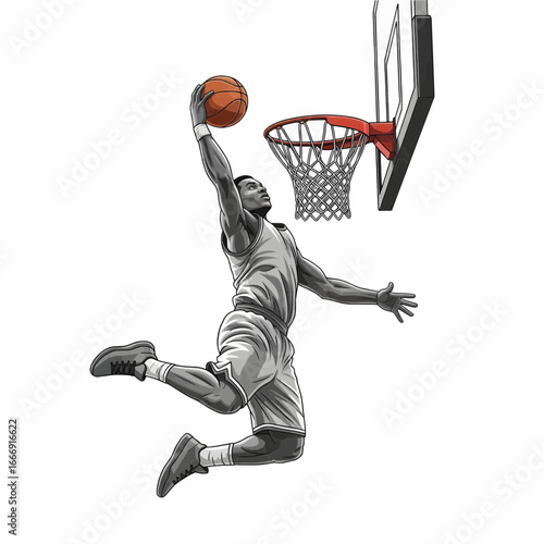 Realistic vector illustration of basketball player doing slam dunk
